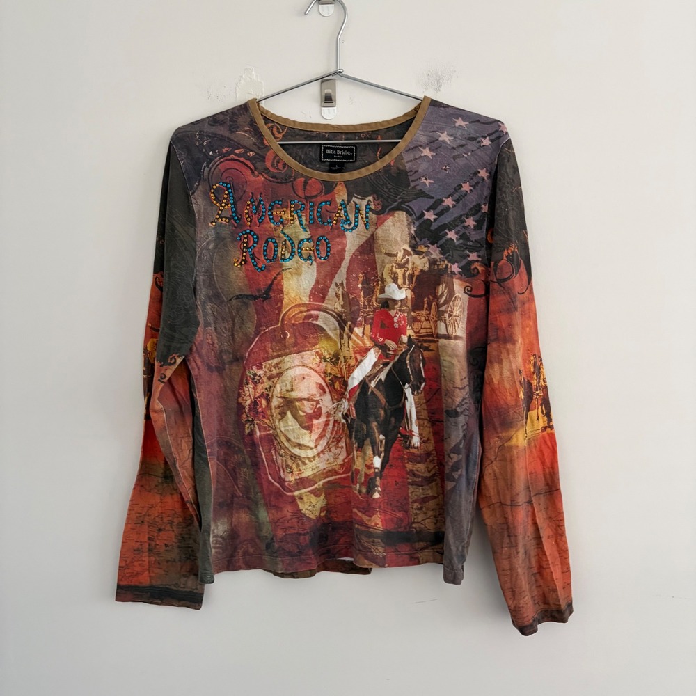 Bit & Bridle American Rodeo Rhinestone Graphic Long Sleeve Shirt L